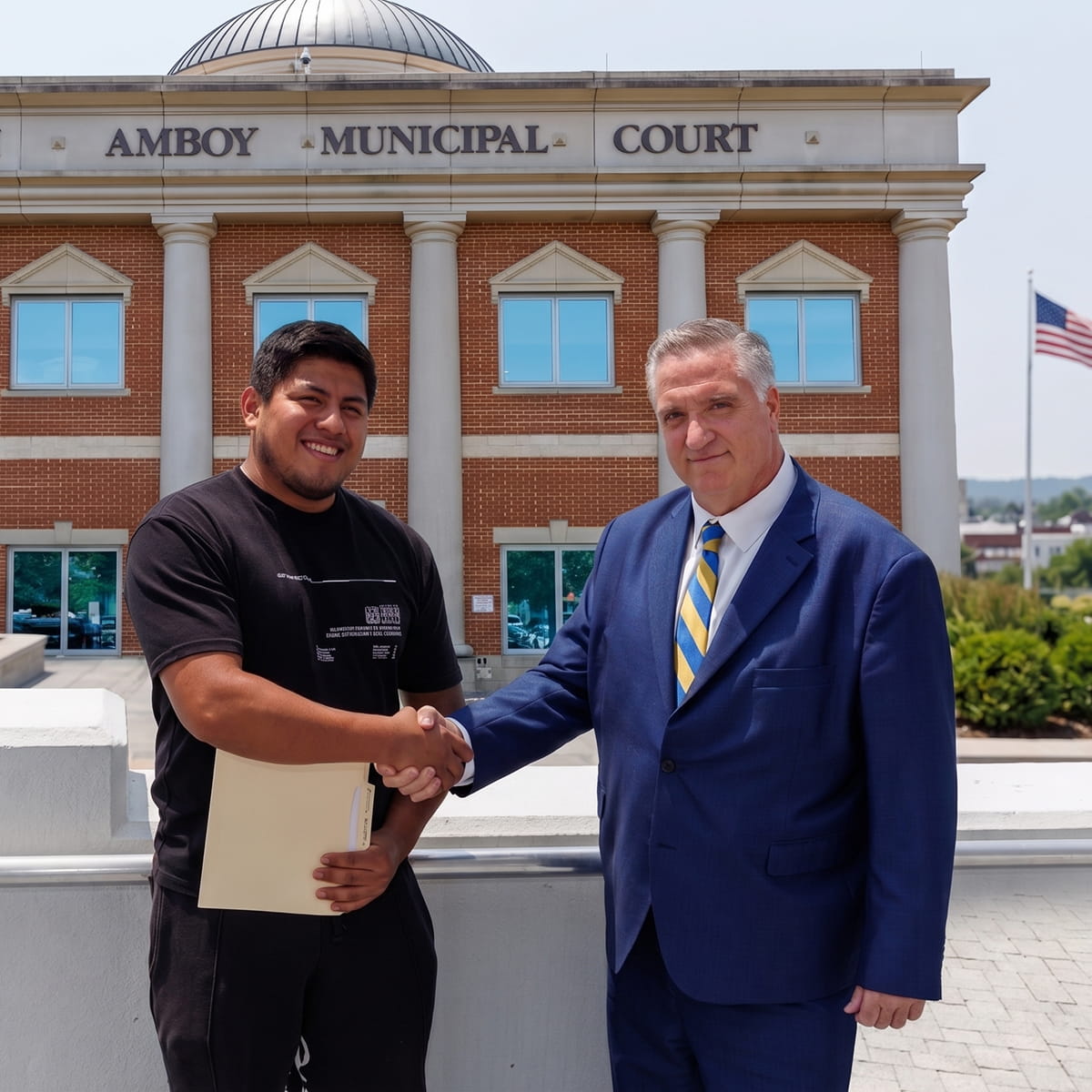 New Jersey attorney Stephen Jones with client outside a New Jersey courthouse