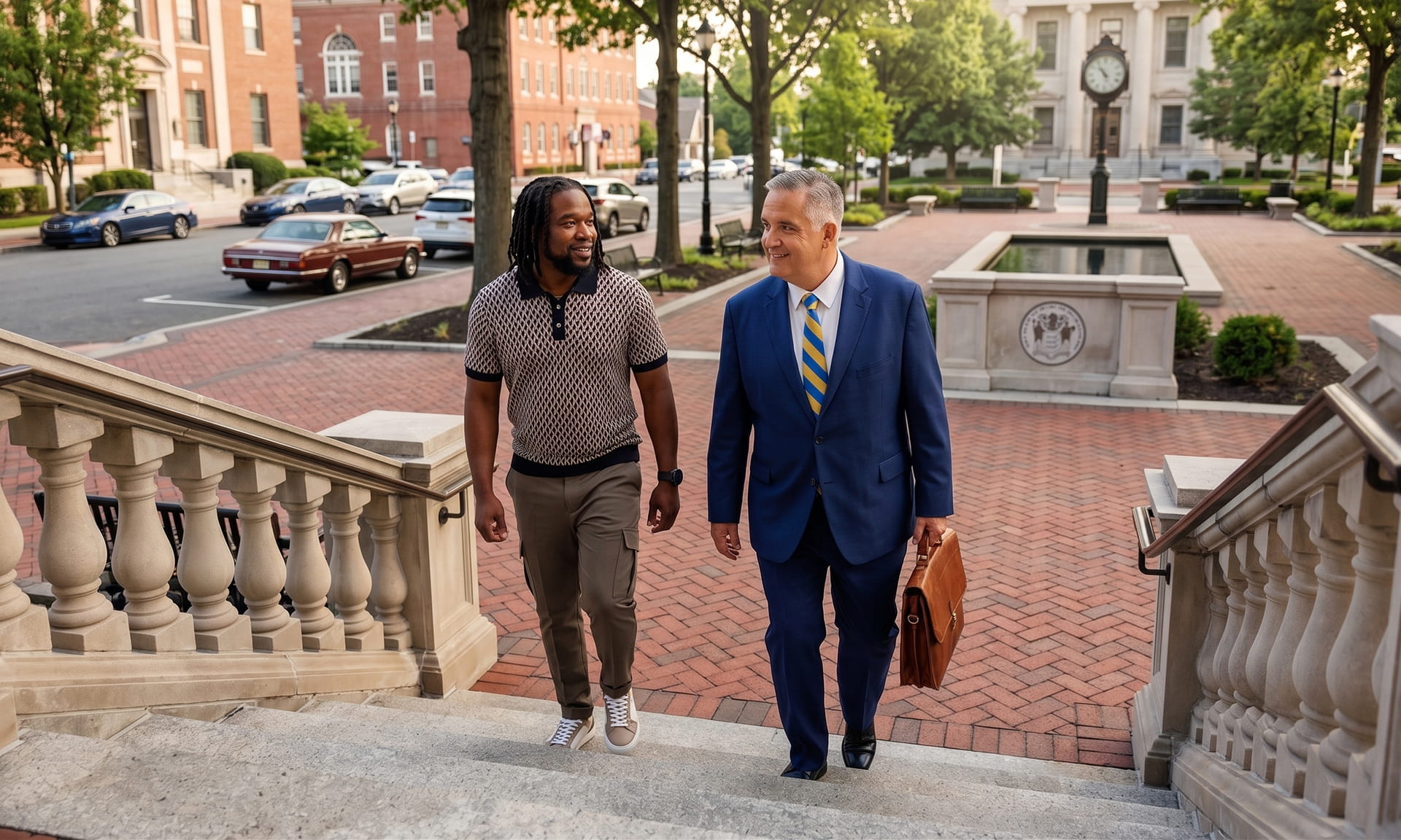 New Jersey defense attorney Stephen Jones walking into courthouse with client