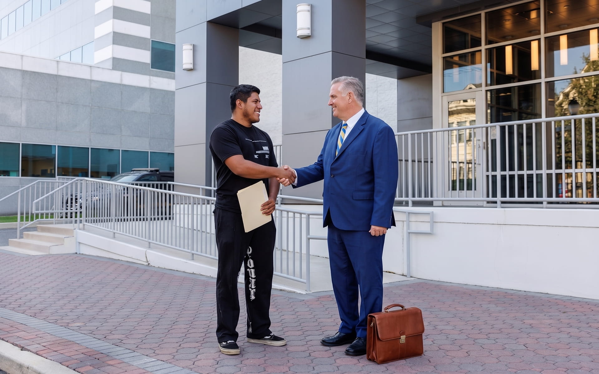 New Jersey DUI lawyer Stephen Jones with client outside courthouse after DUI defense
