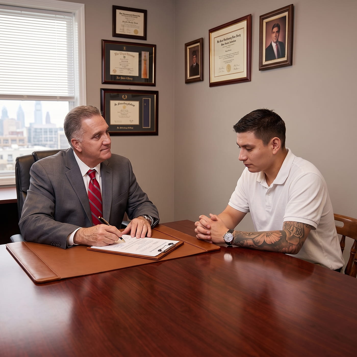 Speeding ticket attorney Stephen Jones discussing a traffic case with a client